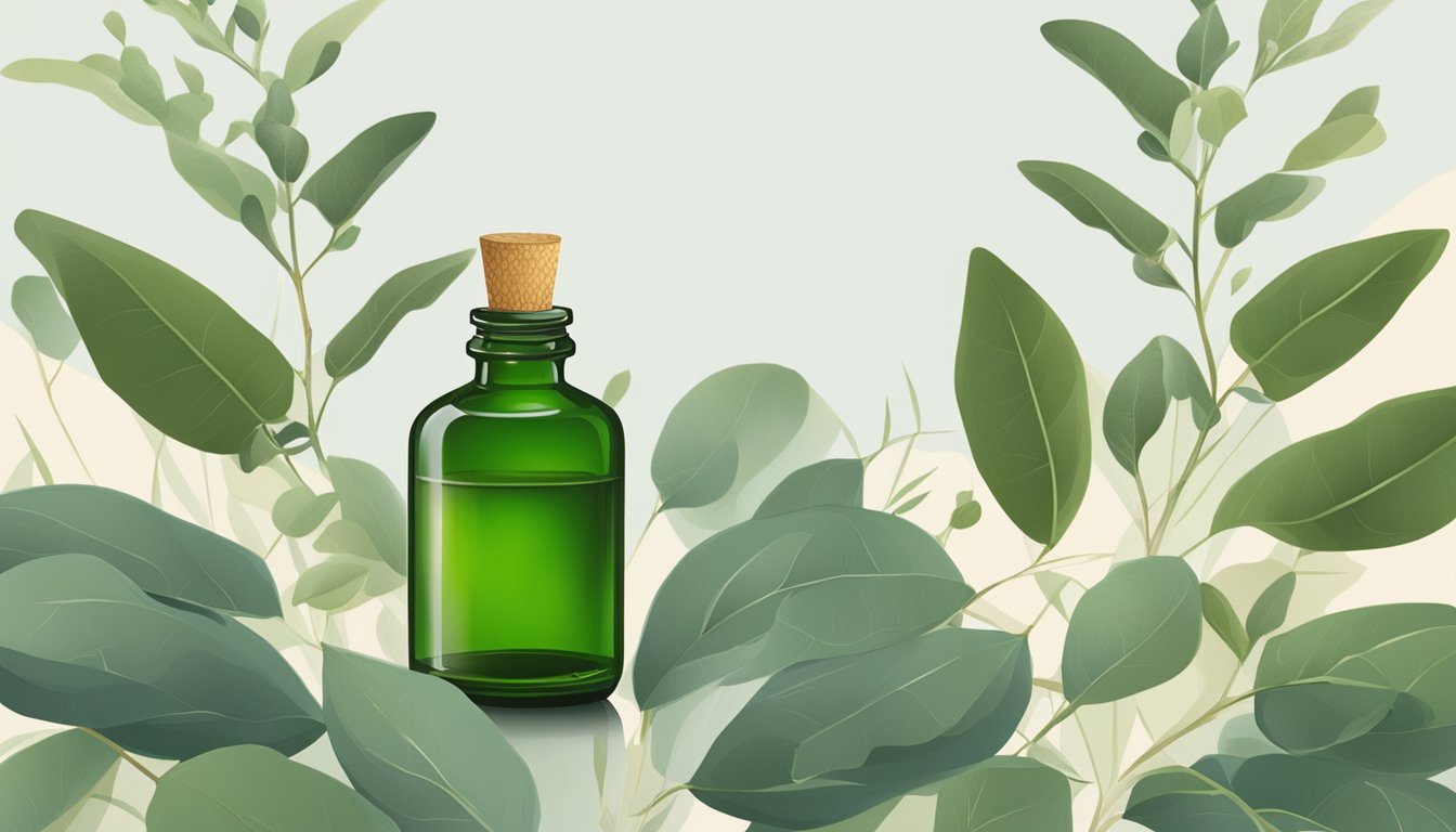 Eucalyptus oil bottle surrounded by eucalyptus leaves and a diffuser, with a backdrop of a serene, natural setting. Ideal for illustrating the benefits and uses of eucalyptus oil