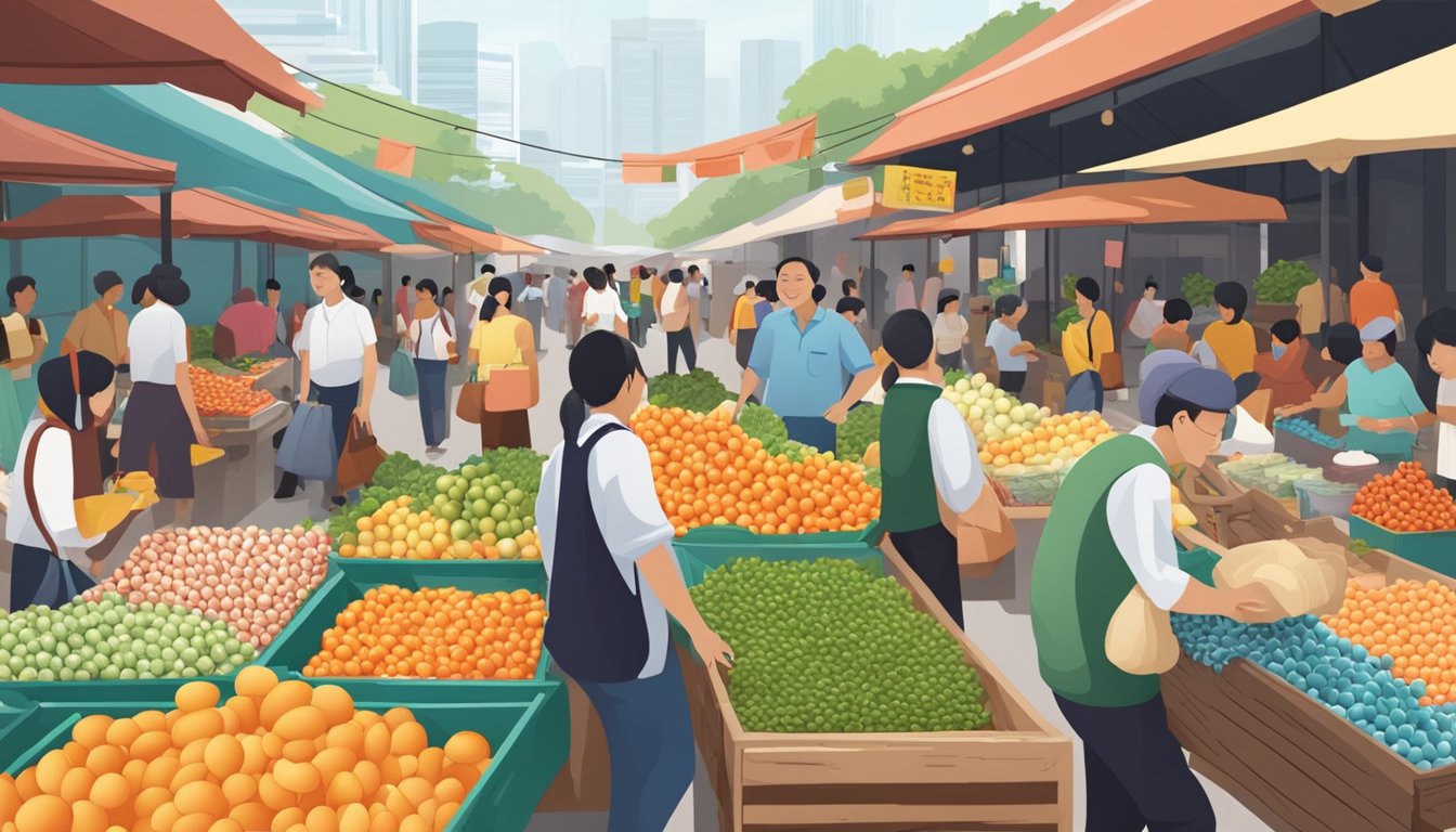 A bustling marketplace with colorful stalls selling fresh produce, including a prominent display of duck eggs, in Singapore