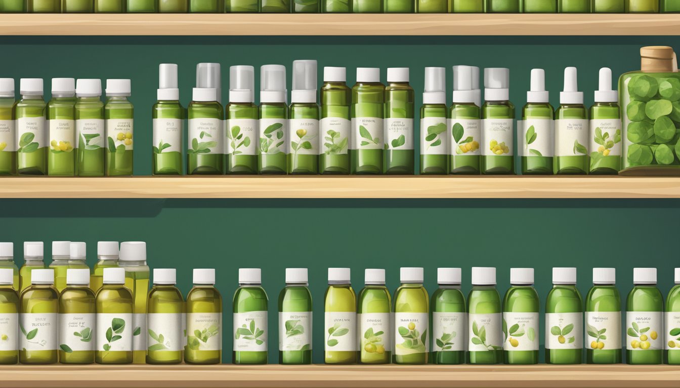 A store display of eucalyptus oil bottles with price tags in a Singaporean market