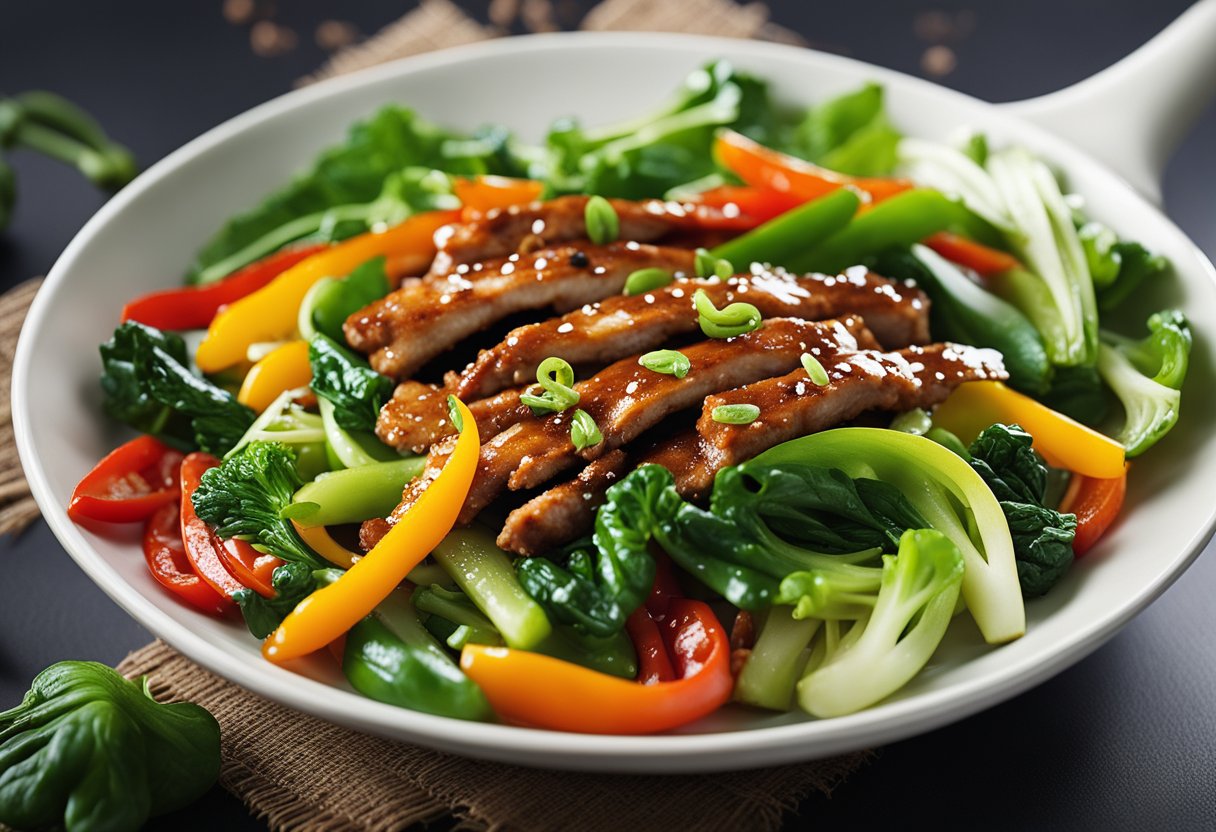 Sizzling pork strips in a wok, glazed with rich hoisin sauce, surrounded by vibrant green bok choy and colorful bell peppers