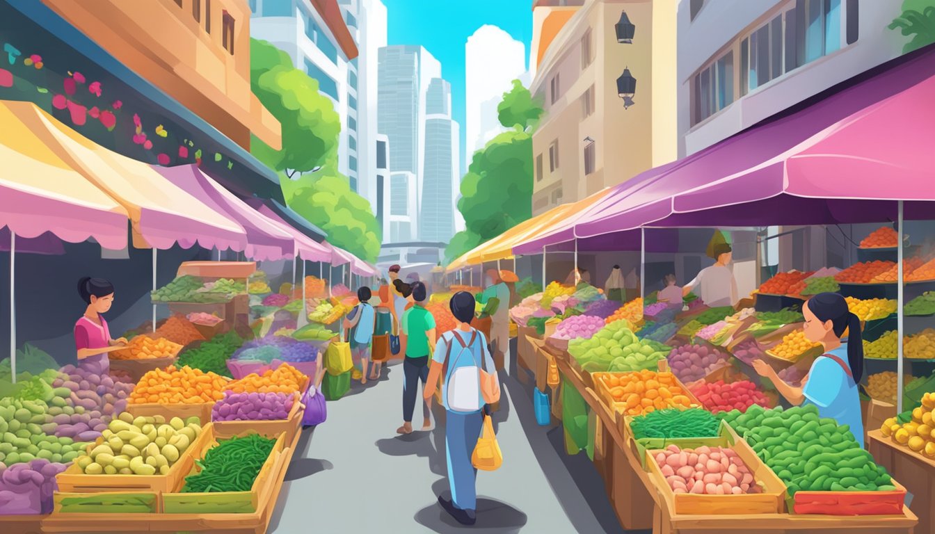 A bustling market stall displays various fingerlings in vibrant colors, with a sign indicating "Fingerlings for sale" in Singapore