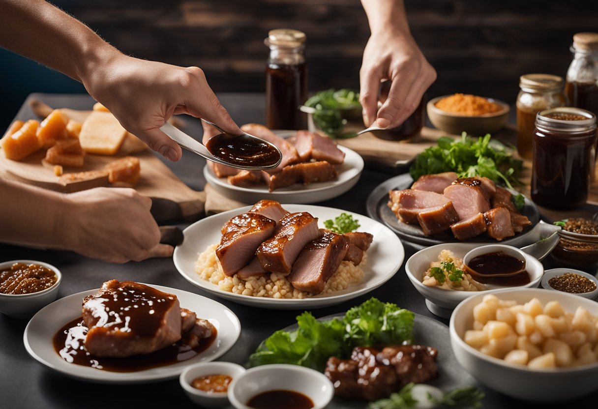 A hand reaches for a pork cut with hoisin sauce. Various cuts of pork are displayed on a table, alongside bottles of hoisin sauce and other ingredients
