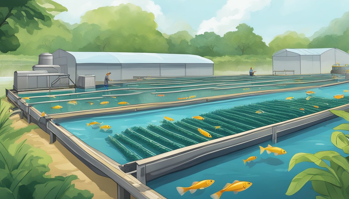A fish farm in Singapore practices sustainable aquaculture. Tanks filled with fingerlings are carefully maintained. Buyers visit to purchase the healthy, young fish for their own aquaculture projects
