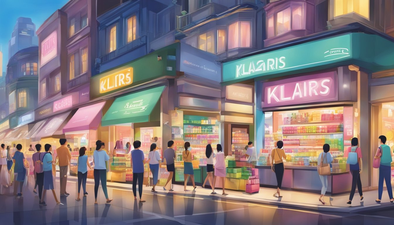 A bustling street in Singapore, with a prominent sign for a beauty store carrying Klairs products. Bright lights and colorful displays catch the eye