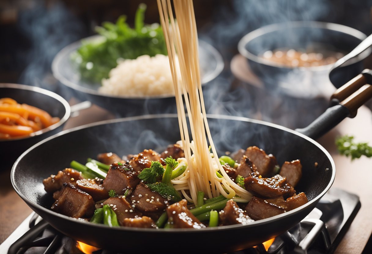 A wok sizzles as pork is stir-fried with hoisin sauce, garlic, and ginger. Steam rises as the meat caramelizes, creating a savory aroma