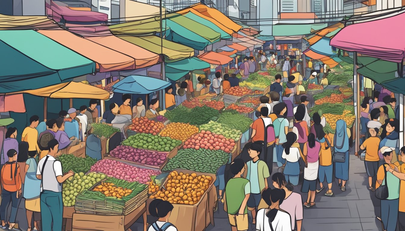 A bustling Singapore market with colorful stalls selling fingerlings. Crowds browse and vendors call out prices