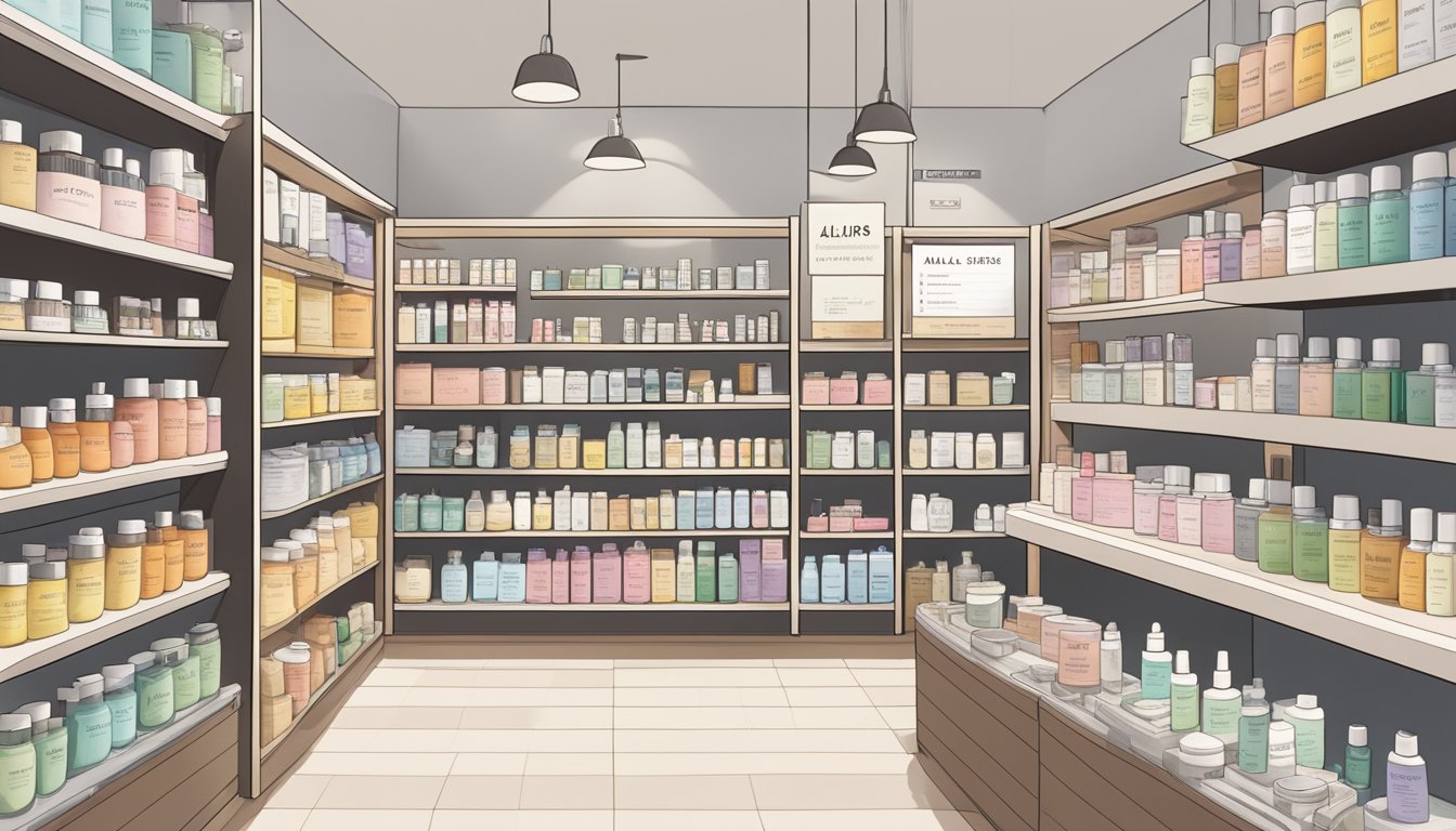 A display of Klairs products in a well-lit store, showcasing a diverse range of skincare items. Shelves neatly organized with product labels and prices