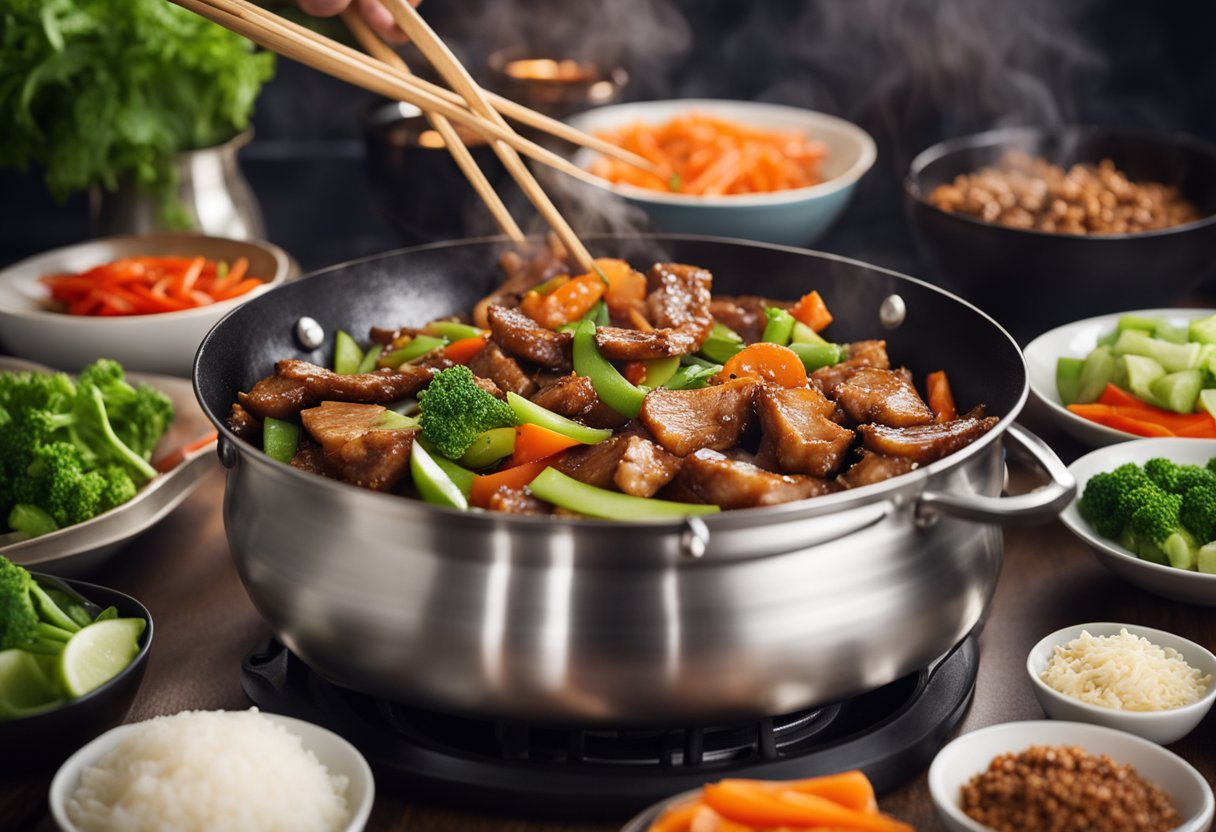 A sizzling wok cooks up Chinese pork with hoisin sauce, surrounded by fresh vegetables and aromatic spices