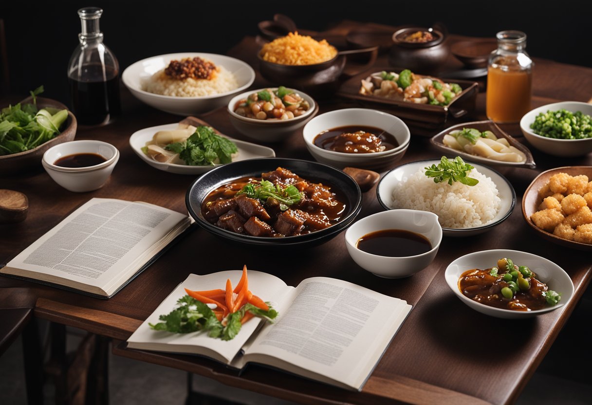 A table set with various Chinese pork dishes, hoisin sauce bottles, and a stack of recipe books