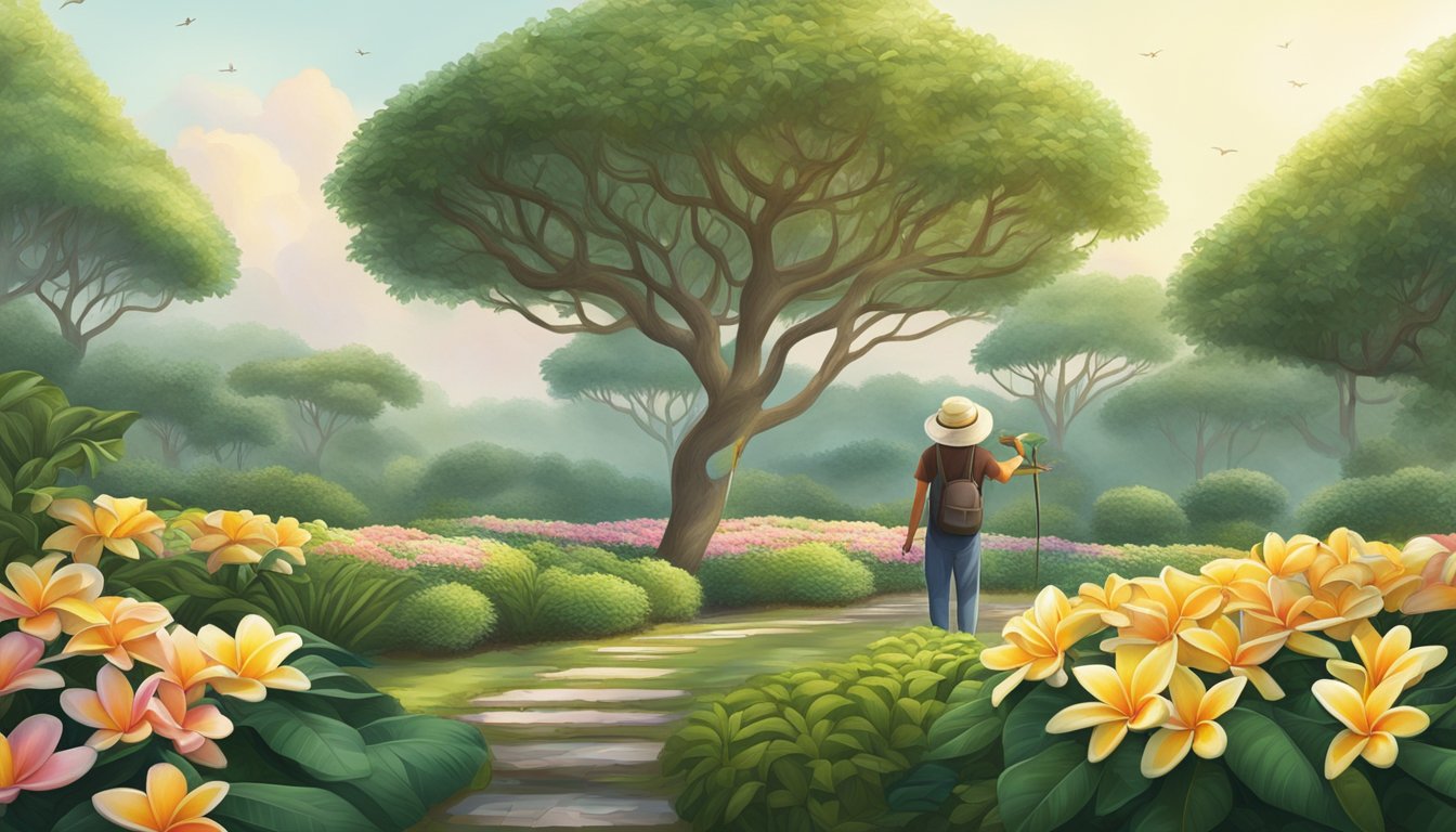 A gardener carefully examines various frangipani trees in a lush garden, considering their size, color, and health before selecting the perfect one for their garden in Singapore
