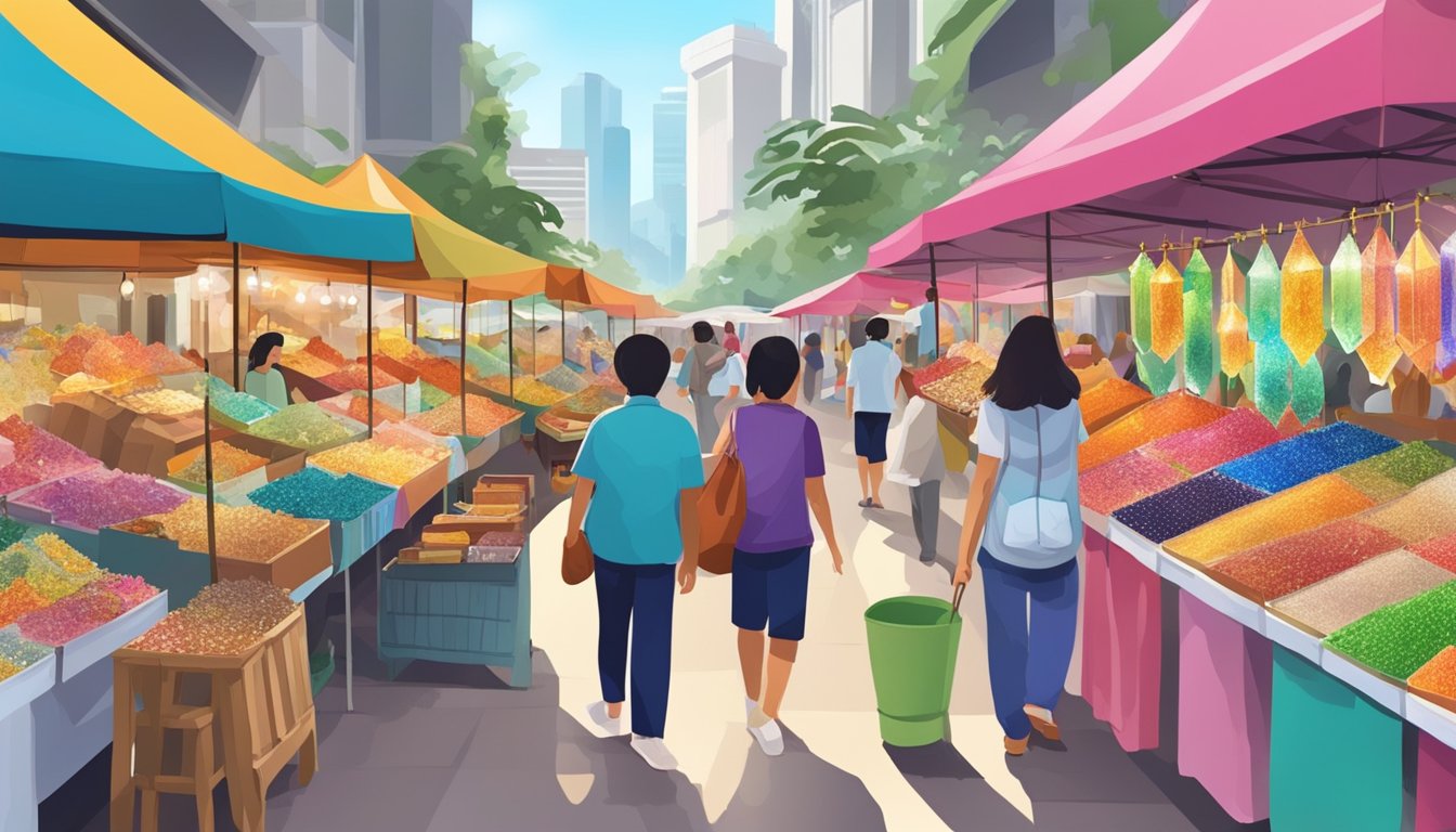 A bustling street market in Singapore, with vendors displaying a colorful array of cheap crystals in various shapes and sizes