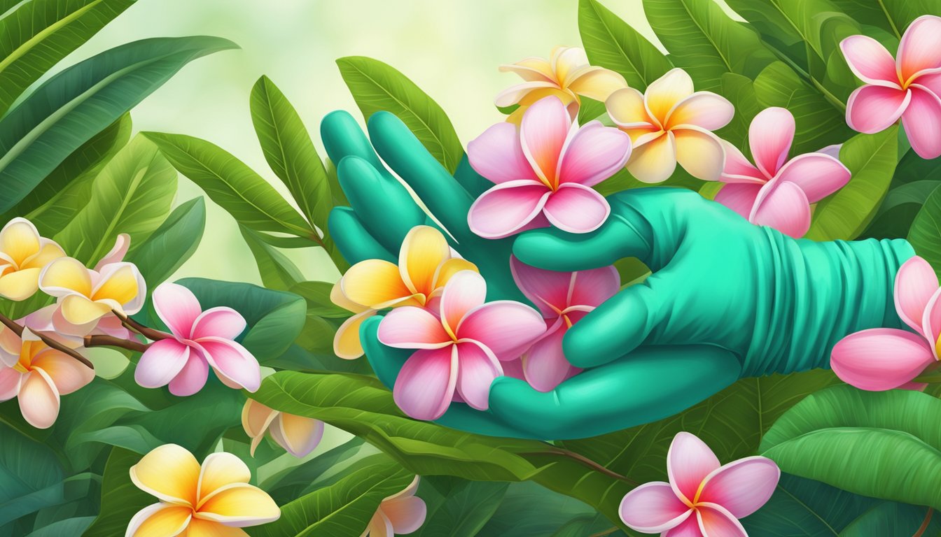 A pair of gardening gloves gently prune a frangipani tree, surrounded by colorful blossoms and lush green foliage