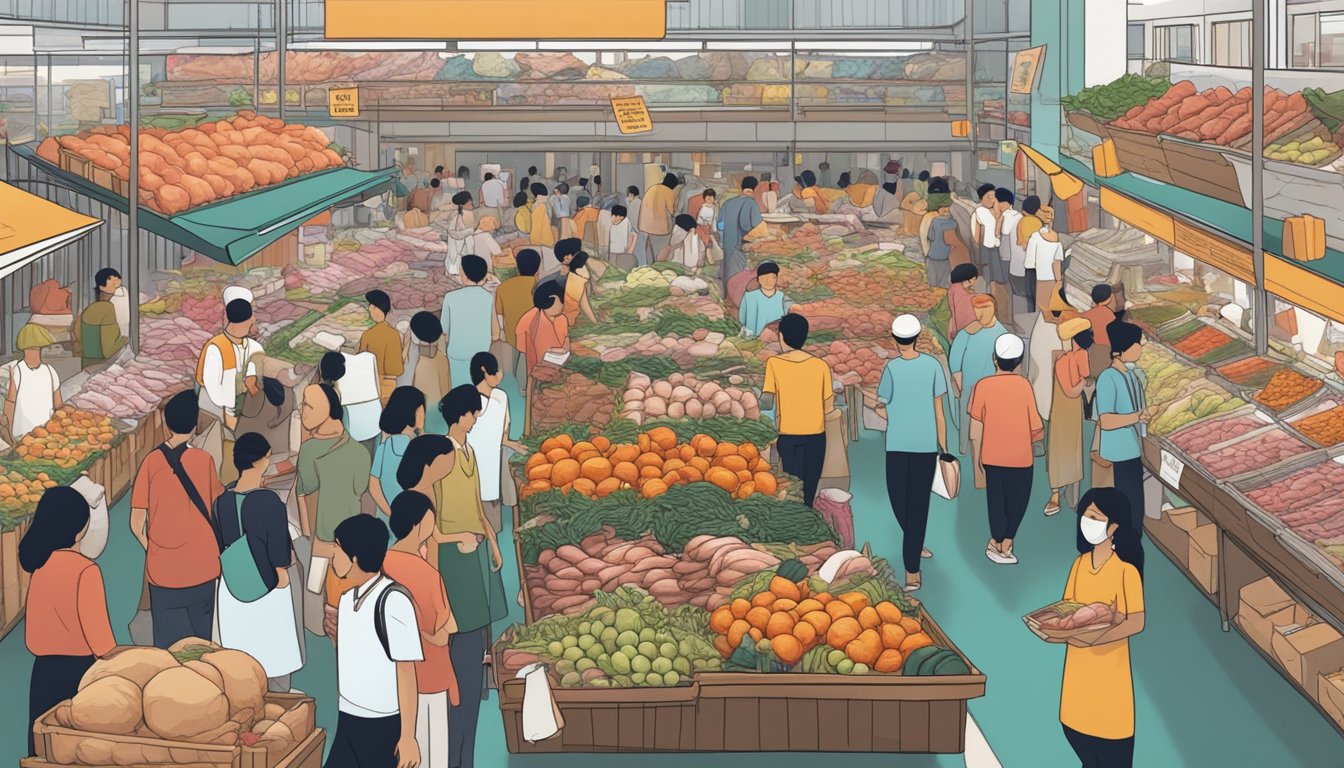 A bustling marketplace with rows of fresh turkey displayed, surrounded by curious shoppers in Singapore