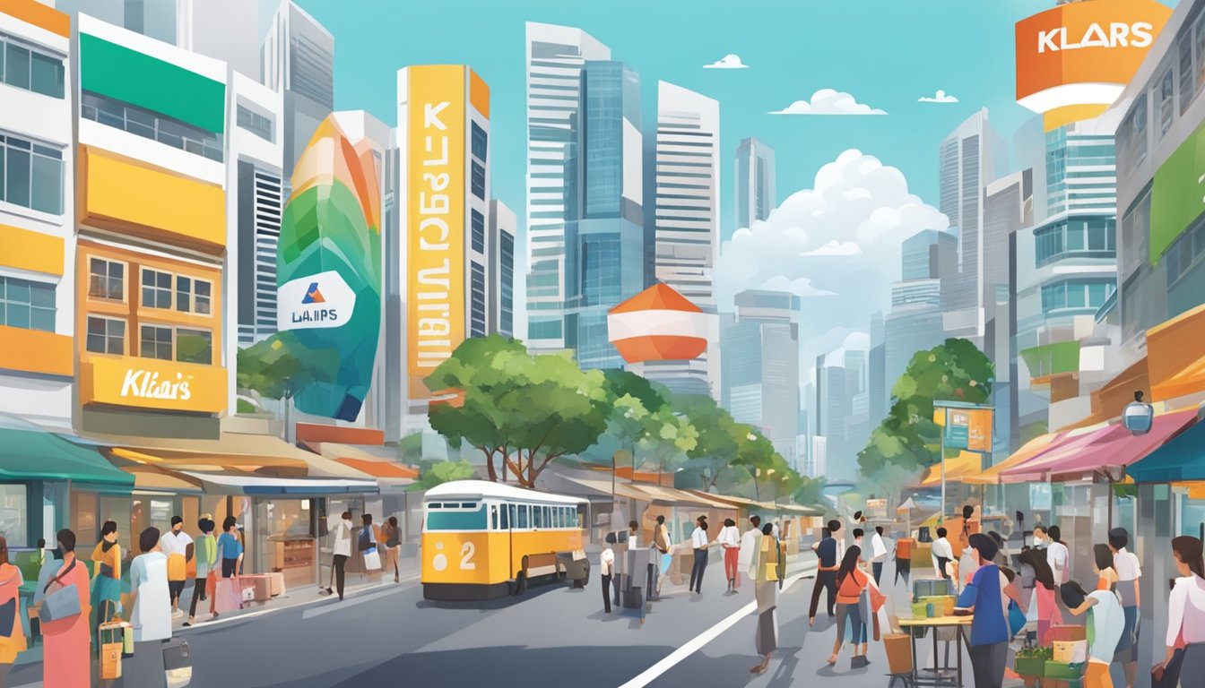 A bustling Singapore street with a prominent sign for Klairs products, surrounded by eager customers and a vibrant city backdrop