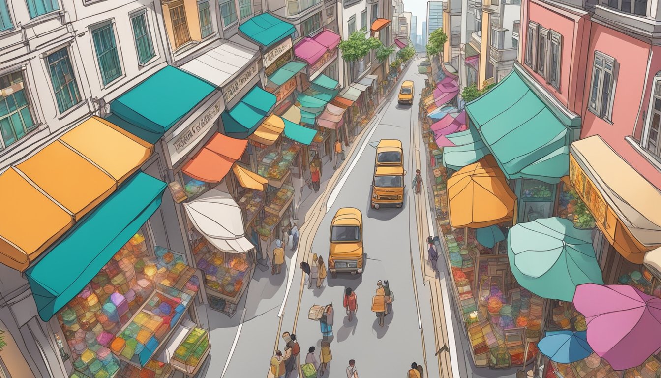 A bustling street in Singapore lined with colorful crystal shops, offering a variety of affordable and beautiful crystals for sale