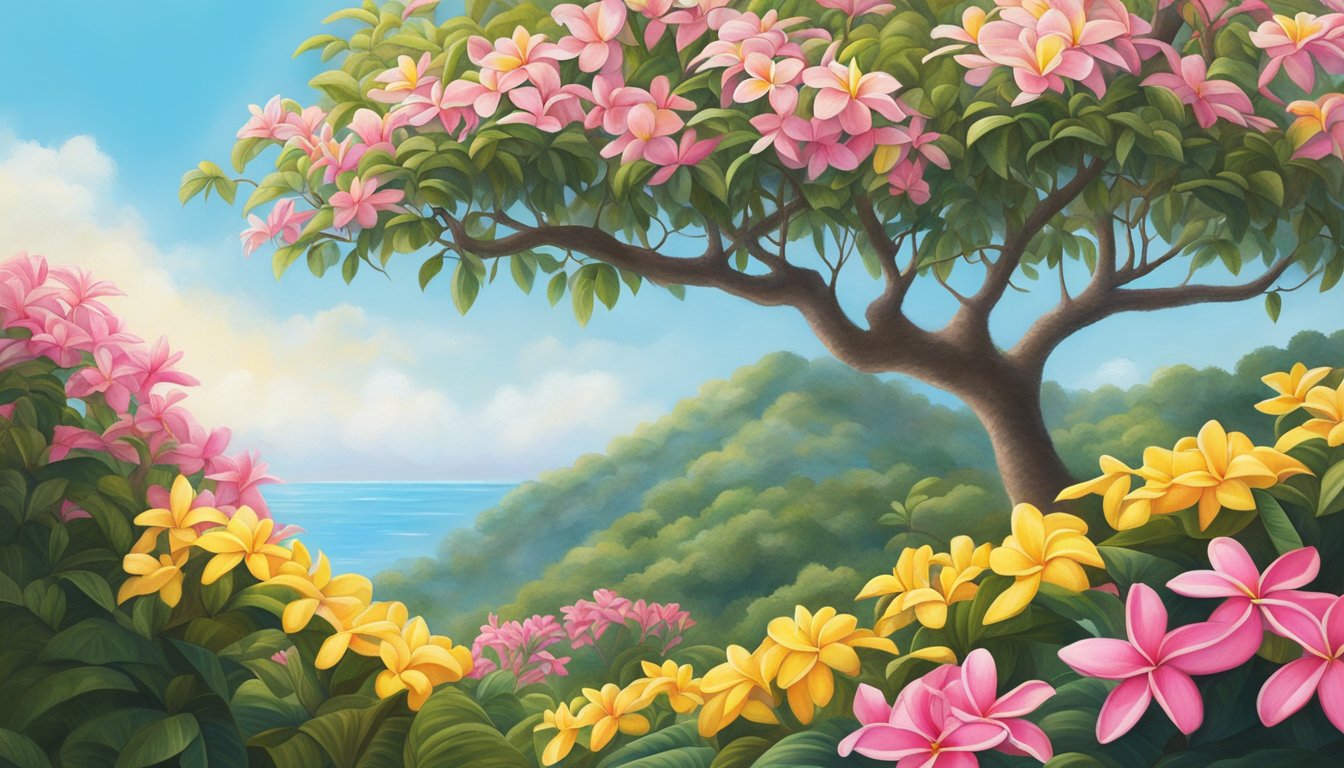 A frangipani tree stands tall against a clear blue sky, its vibrant pink and yellow flowers blooming in abundance. The tree is surrounded by lush green foliage, creating a serene and picturesque scene