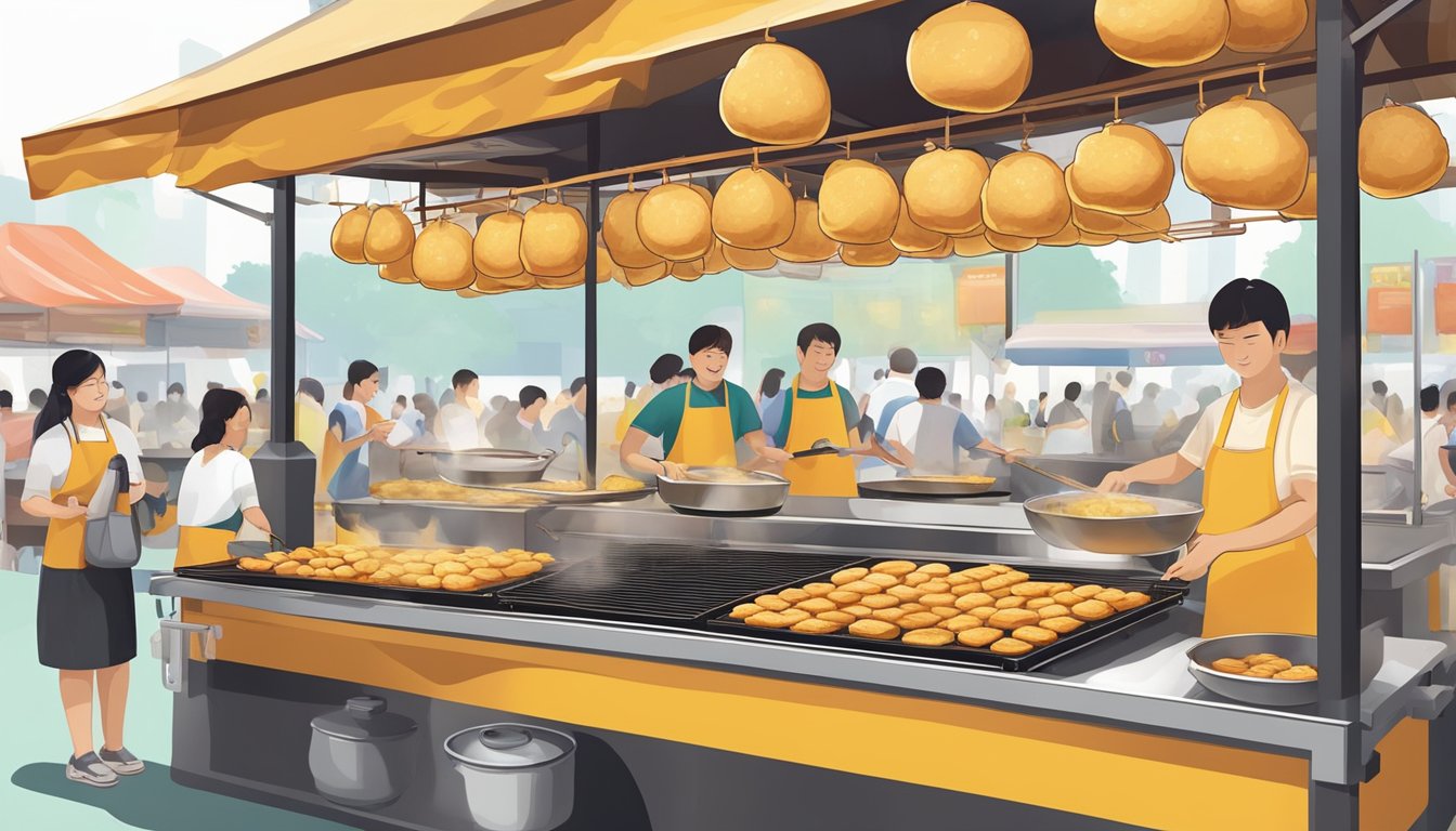 A bustling hawker center in Singapore, with vendors frying golden mantou in sizzling oil, filling the air with a tantalizing aroma