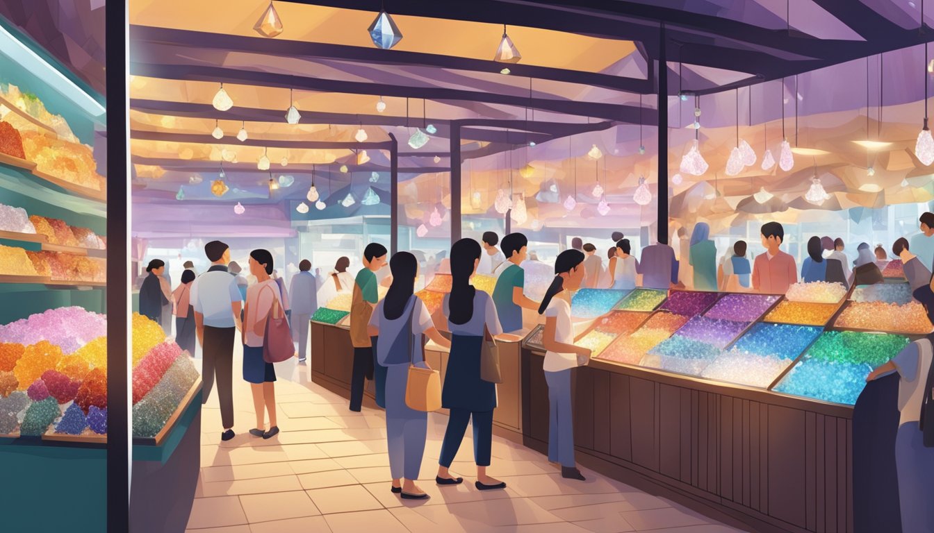 A bustling market stall displays an array of affordable, sparkling crystals in Singapore, attracting eager customers seeking to maximize their crystal experience