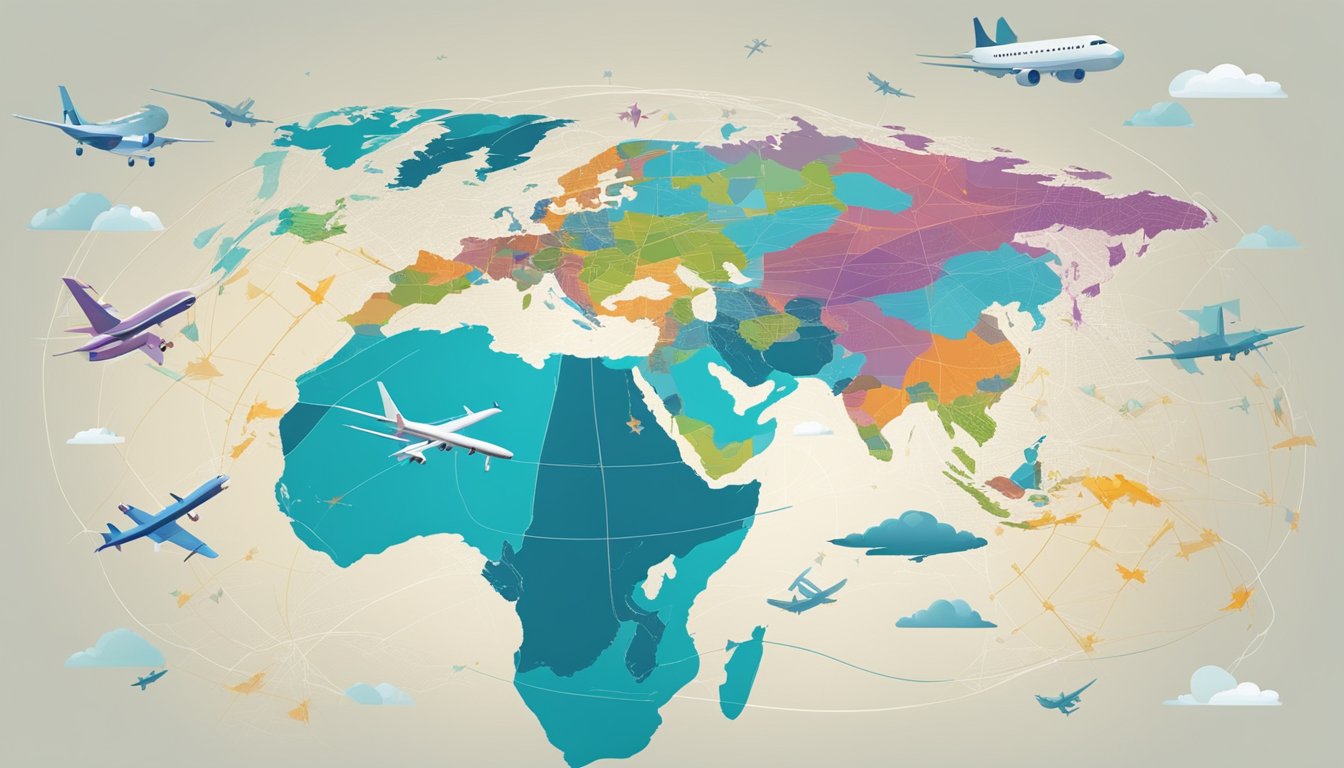 A colorful map of the world with airplanes flying between major cities, while a digital display shows the accumulation of air miles