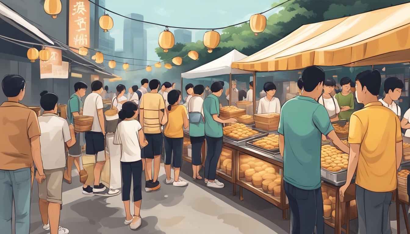 A bustling street food market with vendors selling golden brown fried mantou in Singapore. Customers line up eagerly, while the aroma of the crispy buns fills the air