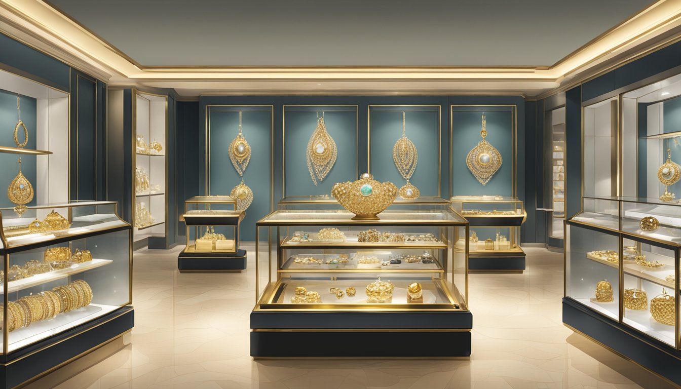 A luxurious jewelry store in Singapore displays a shimmering gold bracelet in a glass case, surrounded by other opulent accessories