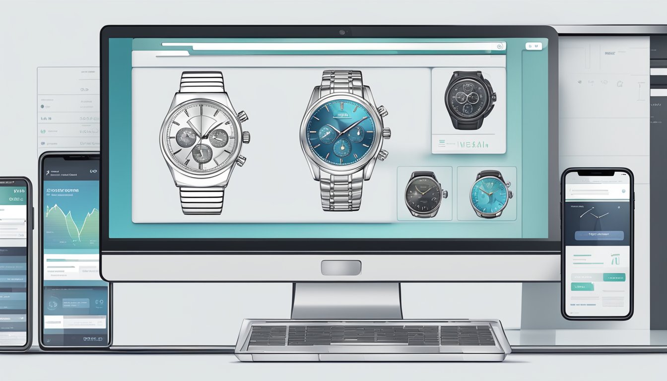 A computer screen displaying a website with various automatic watches for sale, a secure payment option, and a sleek, modern design