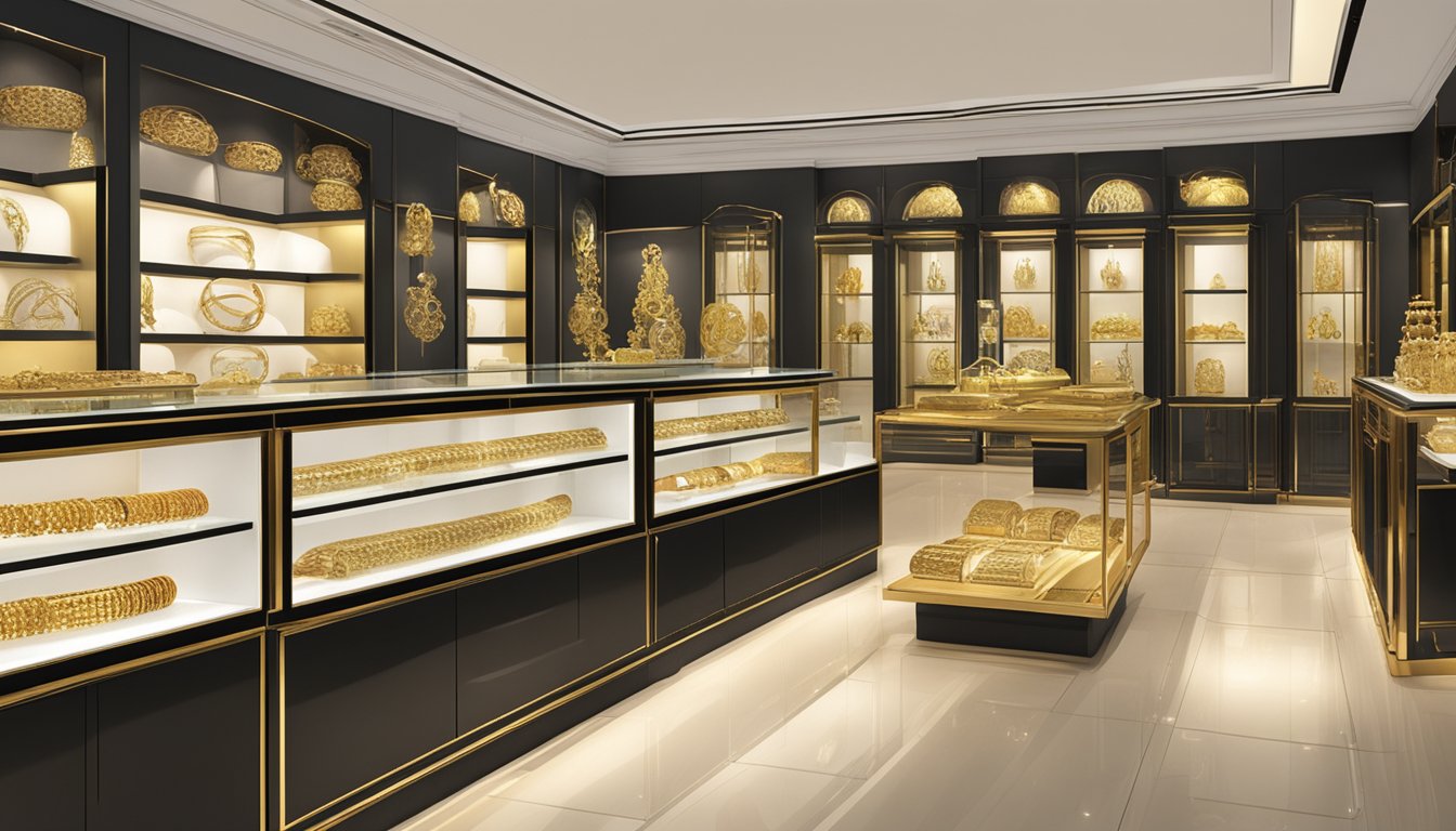 A display of gold bracelets in a Singaporean jewelry store, with various designs and styles showcased on velvet cushions in a well-lit glass cabinet