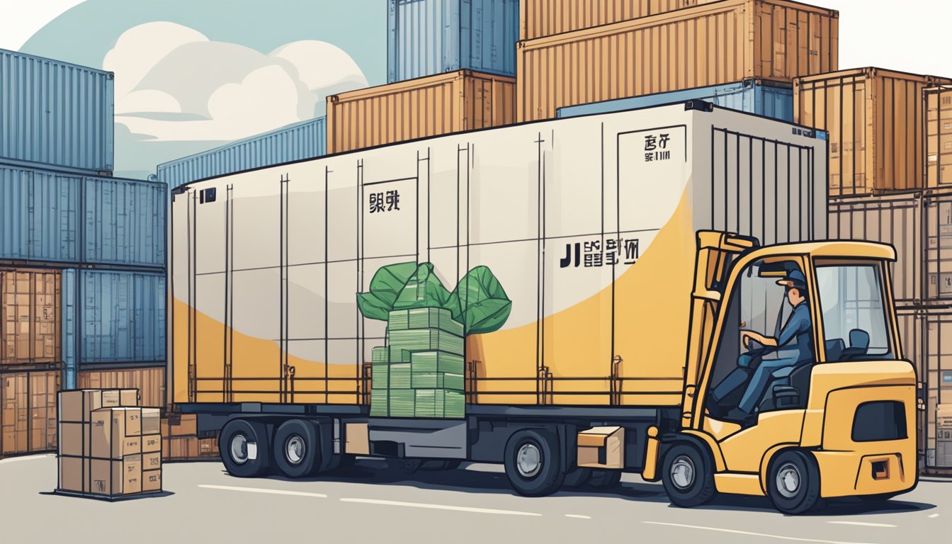 A package labeled "buy from Japan" is being loaded onto a cargo ship bound for Singapore