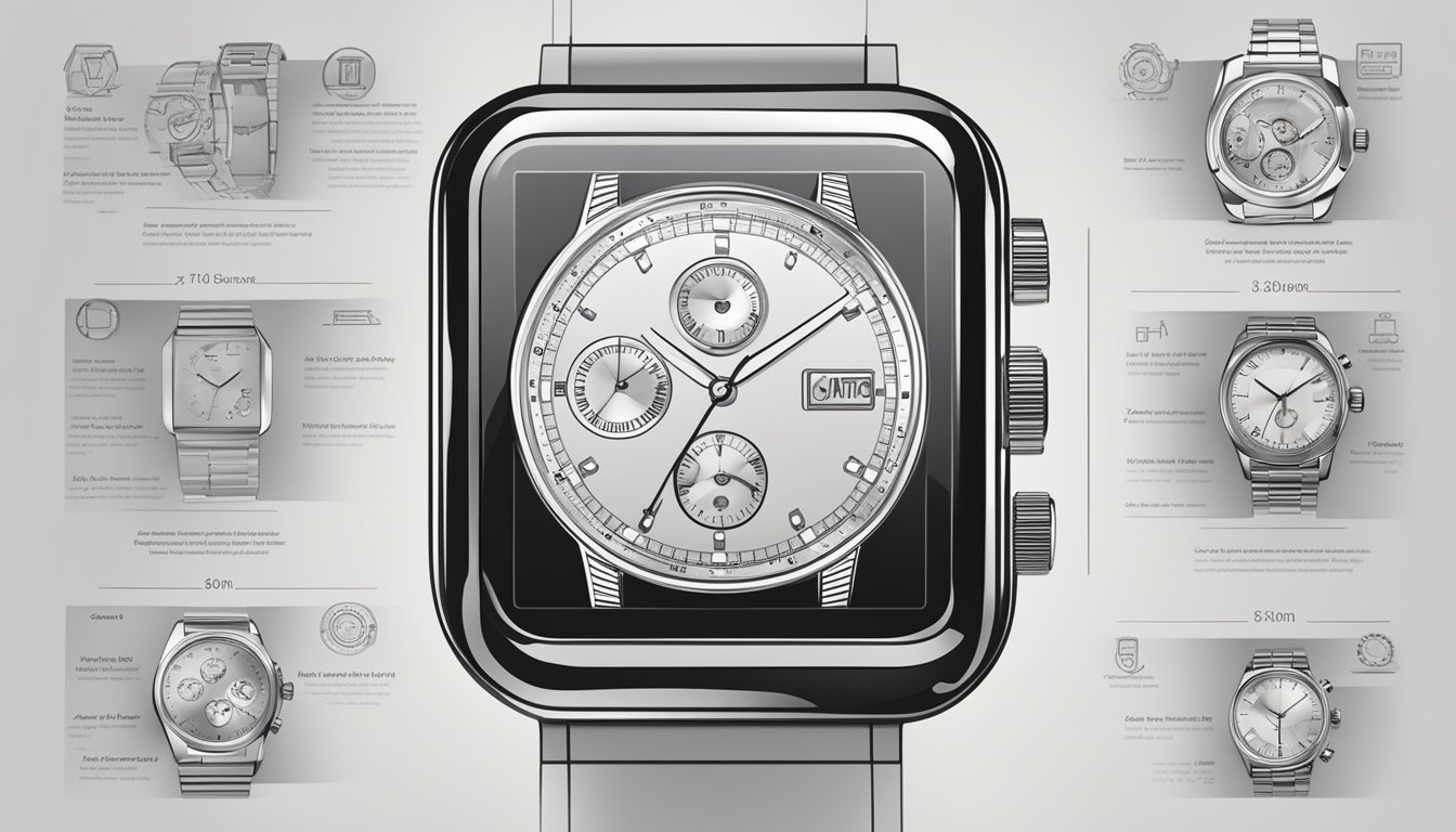 A computer screen displaying a variety of automatic watches with detailed descriptions and prices, surrounded by a sleek and modern website design