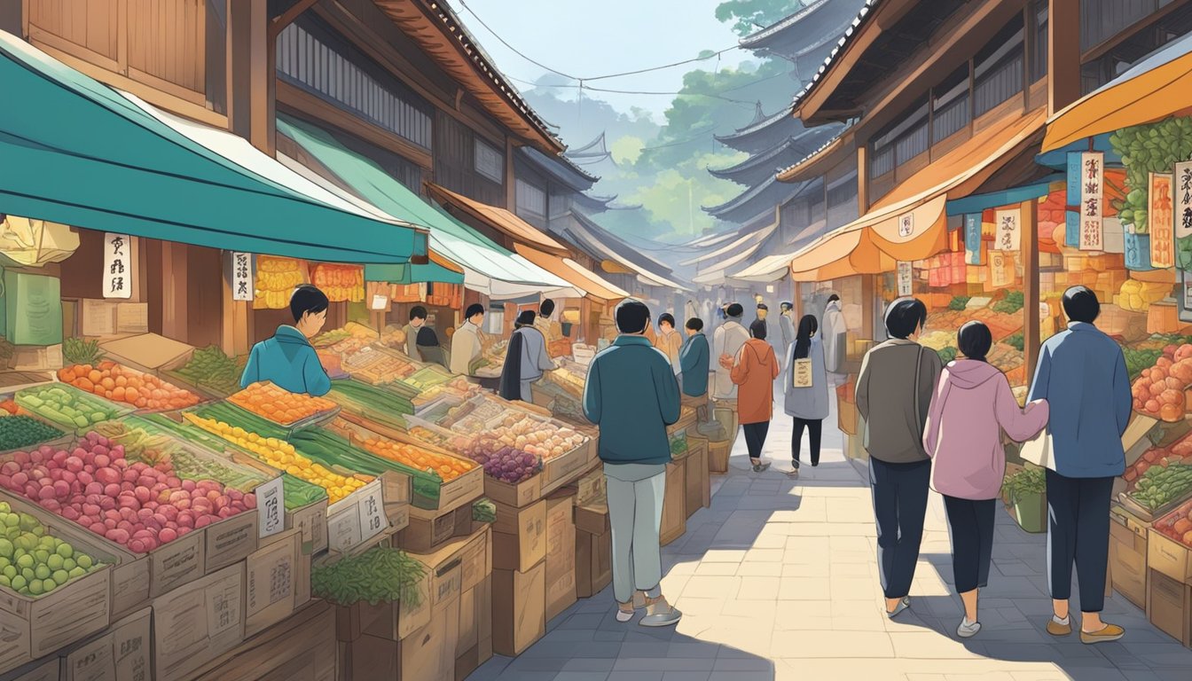 Customers browsing colorful stalls at a bustling Japanese market, selecting items to be shipped to Singapore