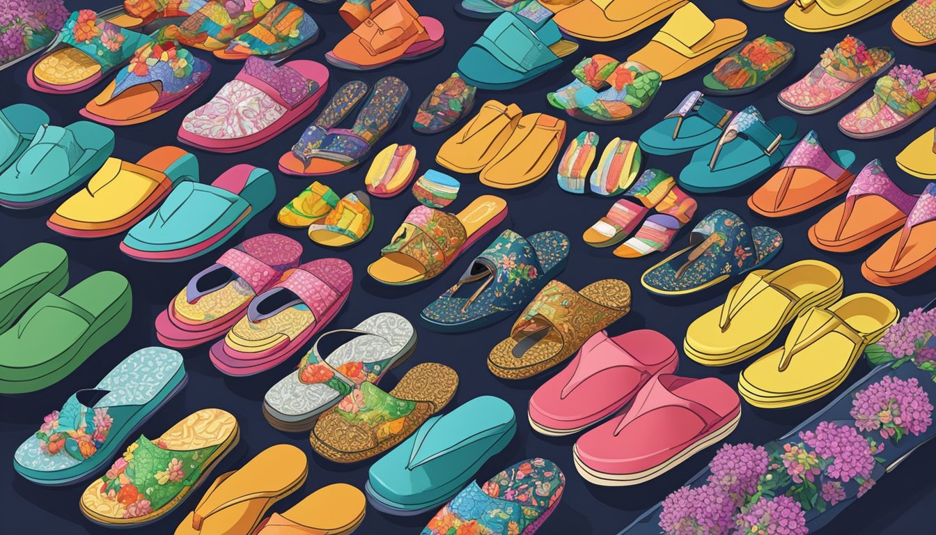 A bustling marketplace in Singapore showcases a variety of colorful Asadi slippers on display at a vendor's stall