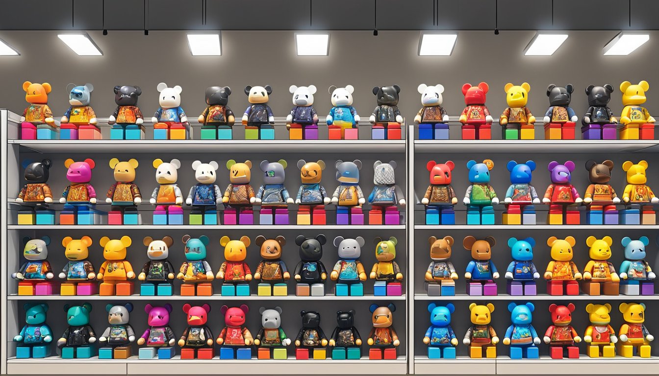 Bearbrick display at a Singapore toy store, with shelves lined with various sizes and designs. Bright lighting and clean, modern surroundings