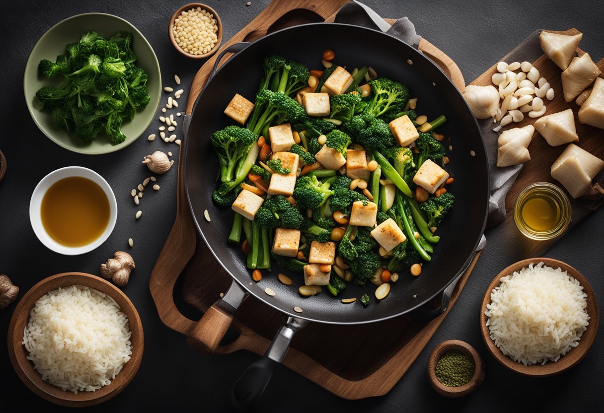 A table filled with fresh vegetables, tofu, soy sauce, ginger, and garlic. A wok sizzling with stir-fried greens. A steaming pot of fragrant rice