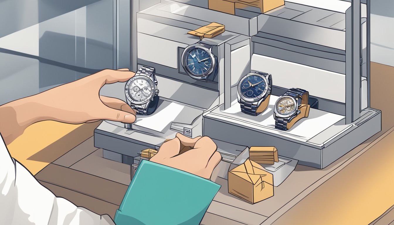 A hand selects an automatic watch online, adds it to the cart, and completes the purchase. The package arrives at the doorstep, ready for unboxing