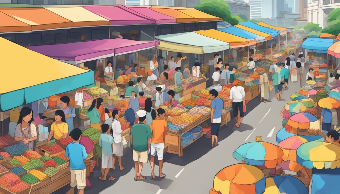 A bustling Singapore street market with colorful stalls selling Asadi slippers. Customers browse and bargain with vendors under the bright, tropical sun