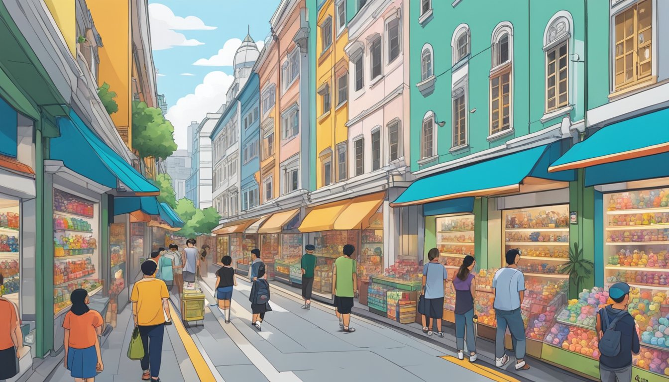 A bustling street in Singapore, lined with vibrant storefronts showcasing an array of Bearbrick figures. Customers browse the shelves, admiring the colorful collectibles on display