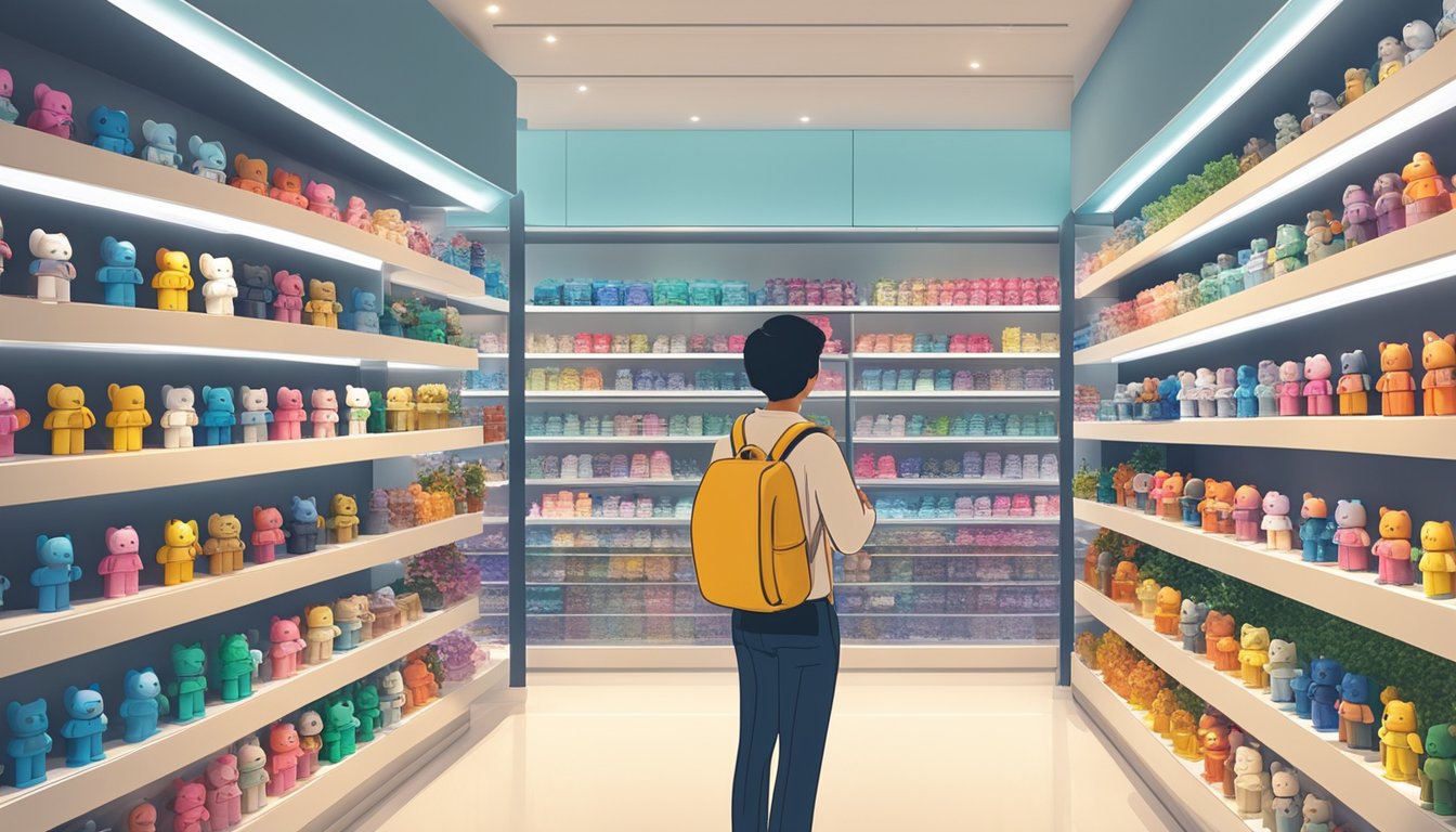 A customer browses bearbrick figures in a modern, well-lit store with clear signage and organized shelves in Singapore