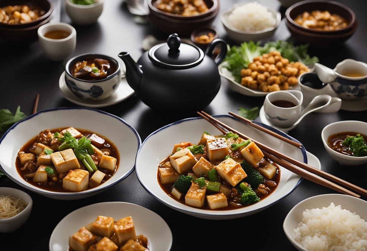 A table set with steaming bowls of mapo tofu, stir-fried vegetables, and savory eggplant, surrounded by chopsticks and a teapot