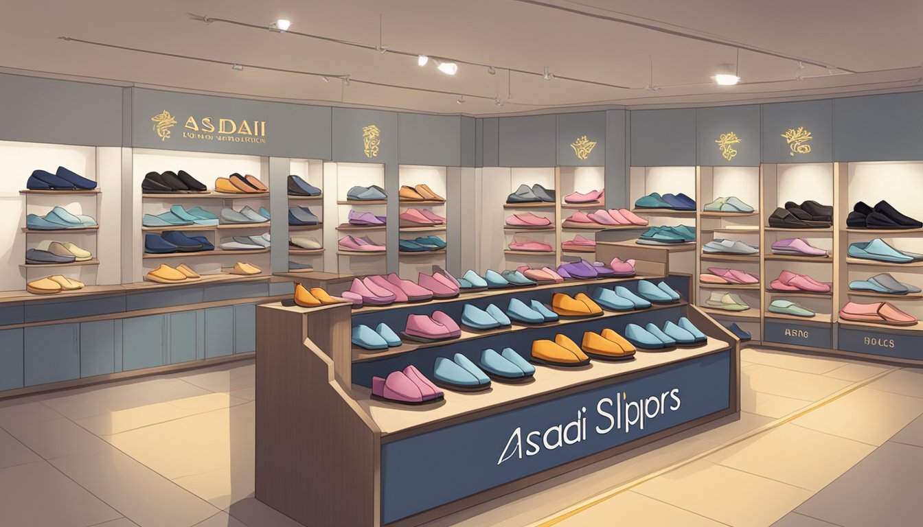 A display of Asadi slippers in a Singapore store, with a sign reading "Where to buy Asadi slippers in Singapore" prominently displayed