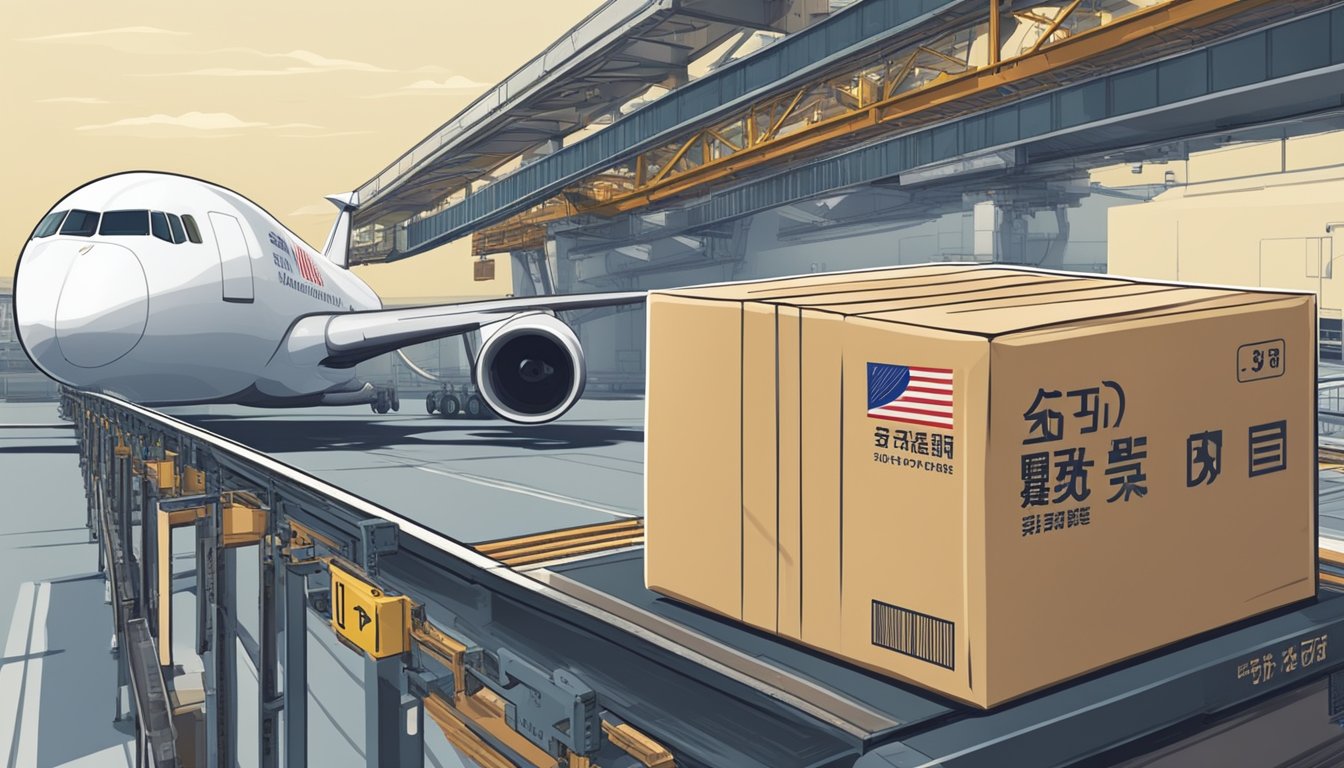 A package labeled "Buy from Japan, Ship to Singapore" moves smoothly through a conveyor belt, passing through customs and onto a waiting cargo plane
