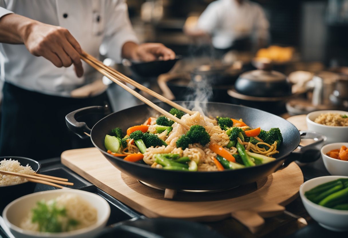 A wok sizzles with stir-fried vegetables, as a chef adds soy sauce and ginger. A steaming pot of rice sits nearby. Chopsticks and a bamboo steamer complete the scene