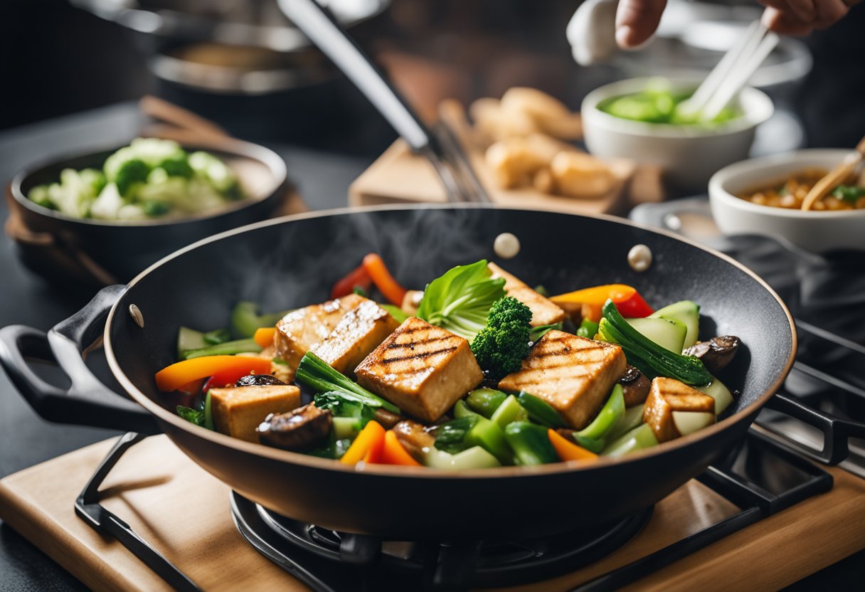 A wok sizzles with stir-fried tofu, shiitake mushrooms, and bok choy. A pot simmers with fragrant vegetable broth and ginger. A chef's knife slices through vibrant bell peppers and scallions