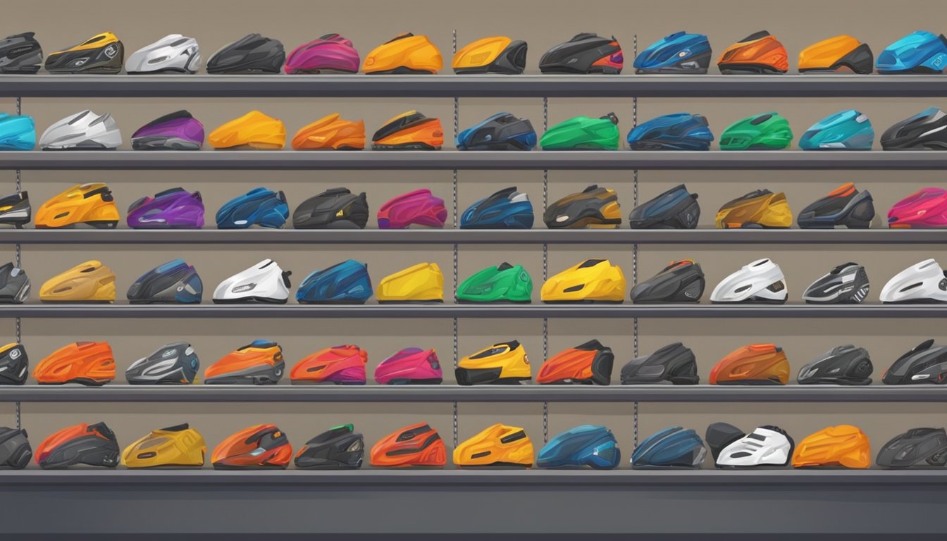 Motorcycle gloves displayed in rows on shelves, various colors and styles, with price tags. Shop interior with bright lighting and clean, organized displays