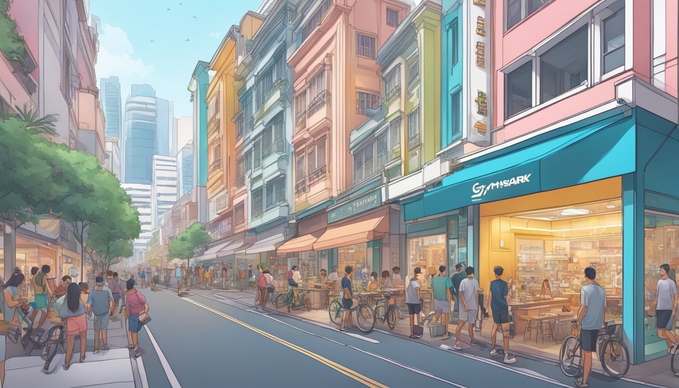 A vibrant Singapore street with a prominent Gymshark store front, surrounded by bustling shops and eager customers