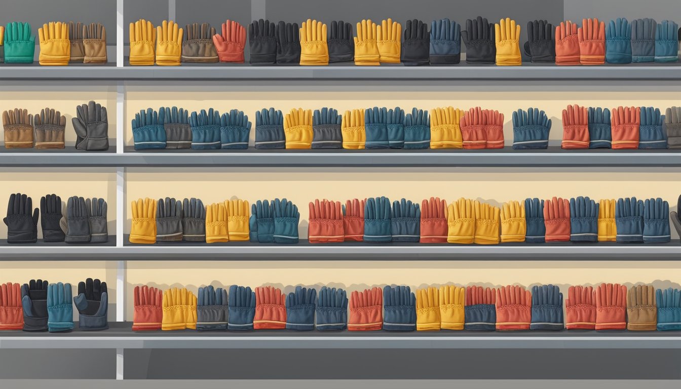 A display of various motorcycle gloves on shelves in a well-lit store in Singapore, with signs indicating different riding styles for each type of glove