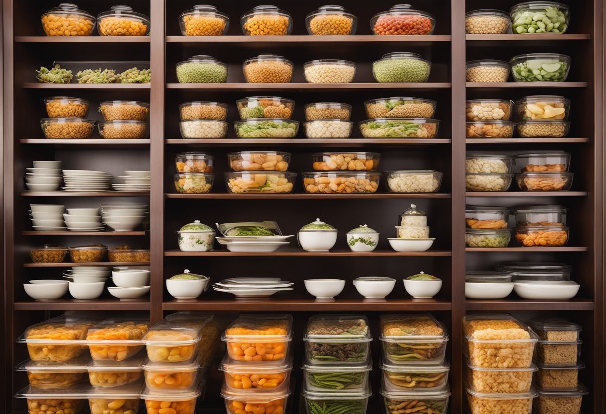 A wooden shelf filled with neatly stacked traditional Chinese vegetarian dishes, sealed in glass containers to preserve their freshness