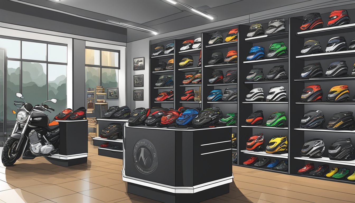 Motorcycle gloves displayed on shelves in a Singapore store