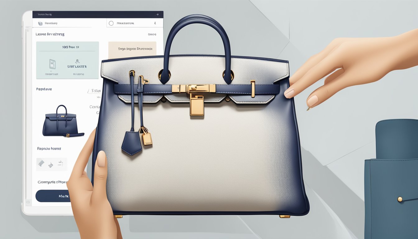 A hand reaches for a luxurious Hermes bag displayed on a sleek online shopping interface, with a "Complete Purchase" button highlighted