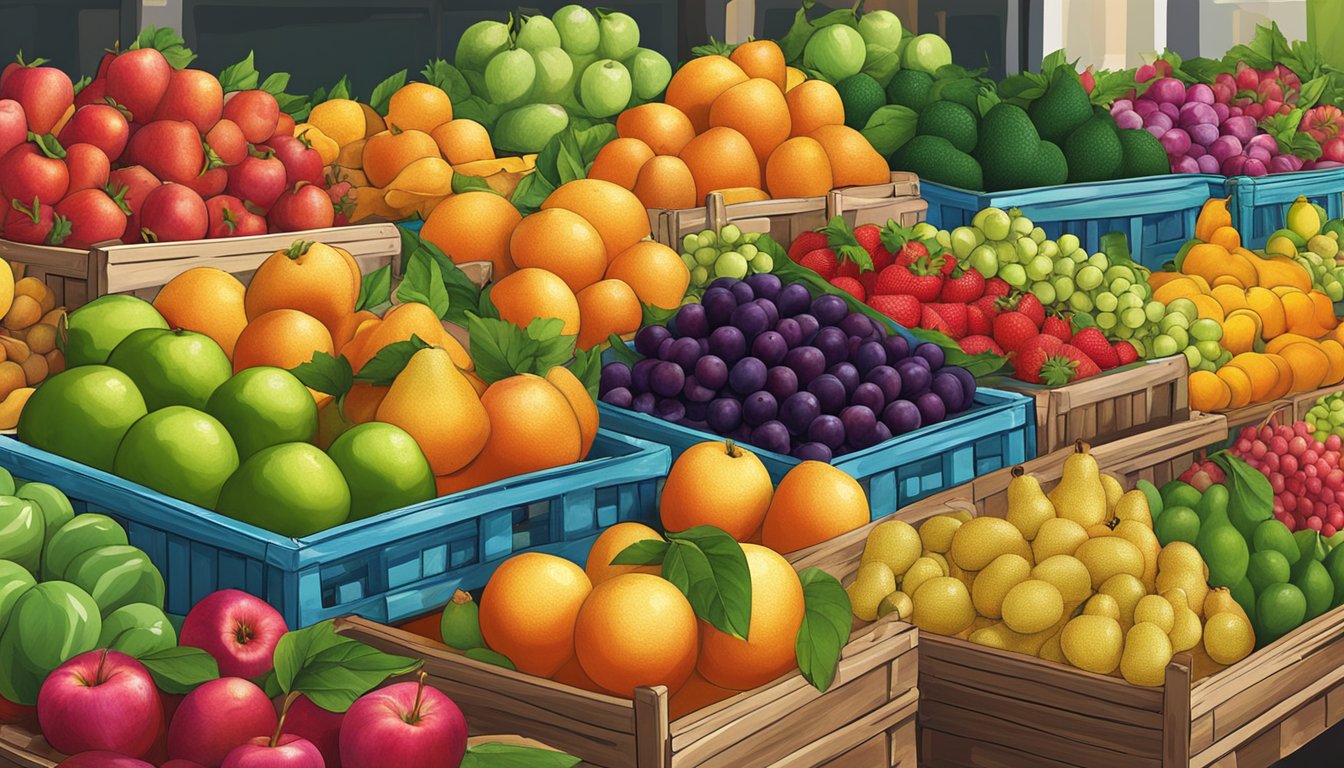 A bustling market stall displays a variety of fresh fruits in neatly arranged baskets. The vibrant colors and enticing aromas draw in customers
