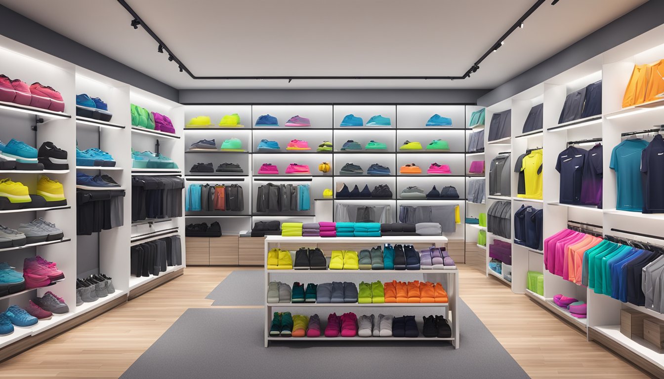 A colorful display of Gymshark activewear in a modern retail store in Singapore. Various racks and shelves showcasing the latest fitness apparel and accessories